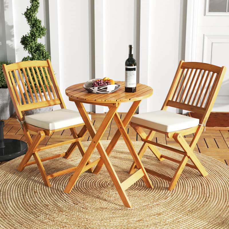 3-Piece Folding Acacia Wood Patio Bistro Set with Cushions, Beige