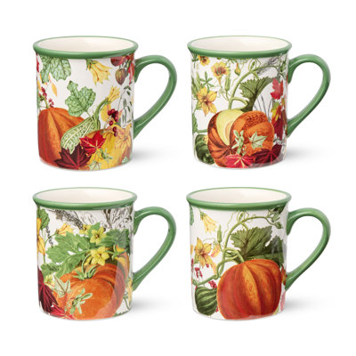 Ensemble de 4 tasses à café Farmhouse avec motifs de citrouilles d'automne assortis - Parfait pour le café, le thé, le cacao chaud et le cidre - Va au micro-ondes et au lave-vaisselle