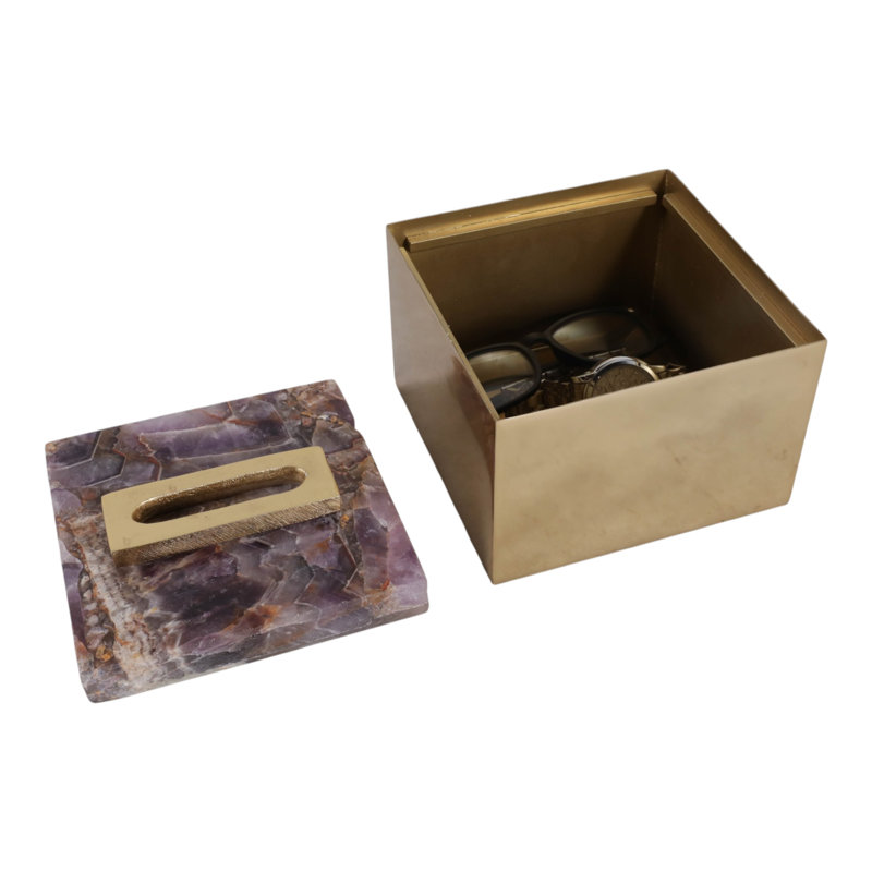 Boîte carrée moderne en marbre et métal avec couvercle pour la décoration intérieure - Organisateur de rangement décoratif avec boîte à souvenirs pour coiffeuse - 15 cm, gris et or