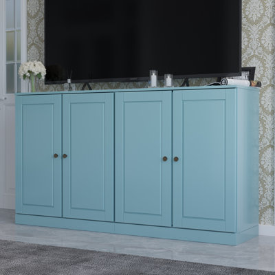 Meuble télé 100% bois massif, console de 64 po de largeur avec portes à panneau surélevé et rangement