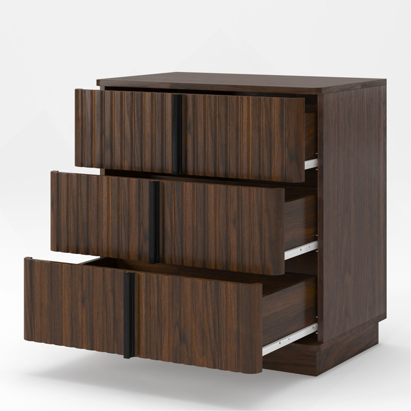 Table de chevet rétro à 3 tiroirs cannelés de 64,5 cm (lot de 2), noyer