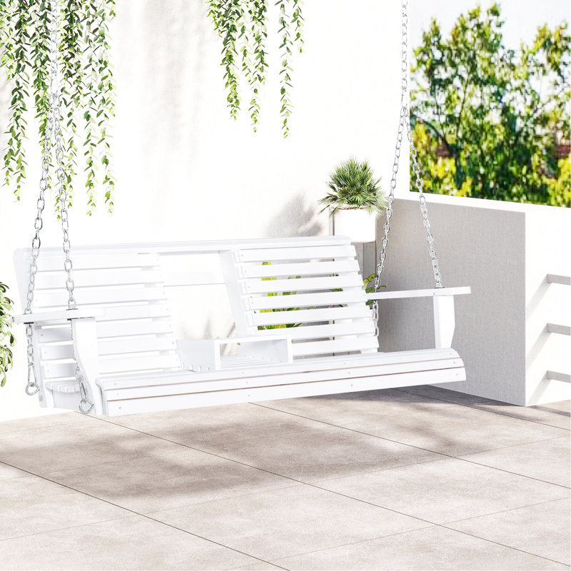 Balancelle de patio blanche 3 places avec table basse pliante, porte-gobelets et capacité de charge de 200 kg (440 lb), structure en bois pour trois personnes.