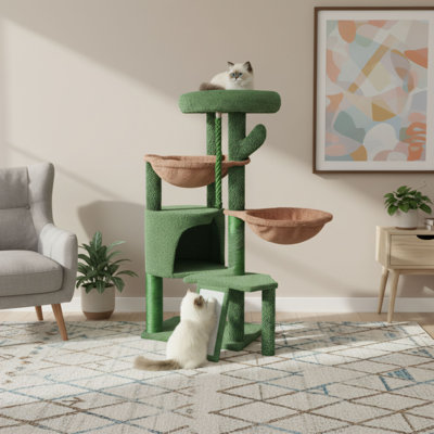 Green Three-Tiered Multi-Functional Cat Tree With Built-In Comfortable Cat Bed, Durable Scratching Post, And Double Hammock Design To Meet Your Cat's Needs For Climbing, Scratching, And Resting.