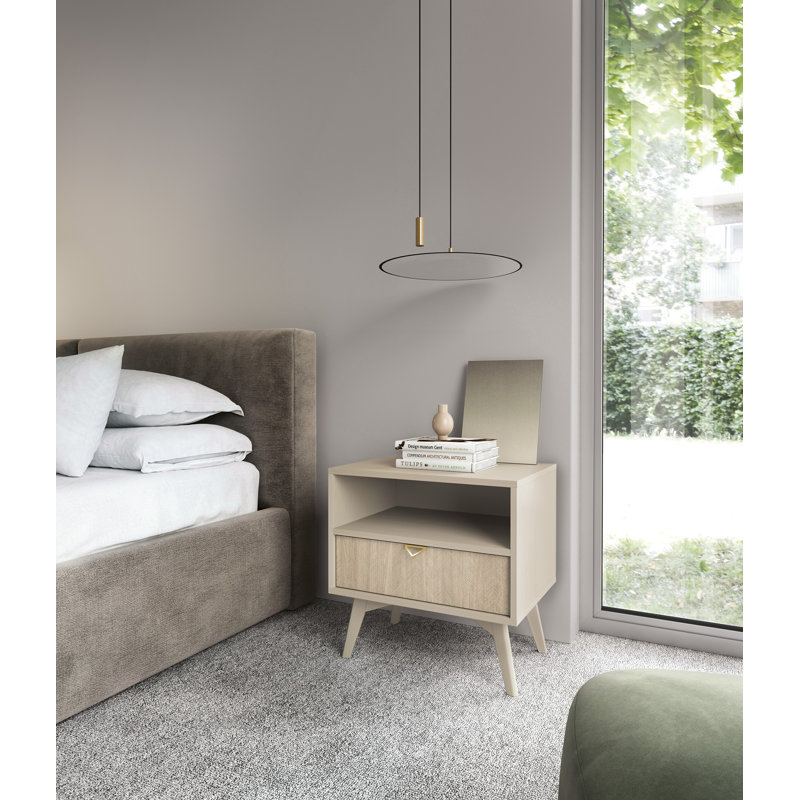 Alcesta  53.9cm W Manufactured Wood Bedside Table, Beige Matt/Oak Scandi