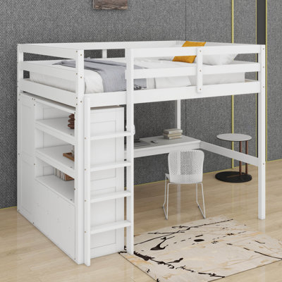 Full Size Loft Bed With With Desk And Shelves, Loft Bed Full Size With Two Built-In Drawer
