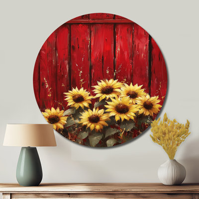 Tournesols et la grange rouge I - reproduction d'art traditionnelle rouge en métal, tournesols, décoration murale ronde en métal