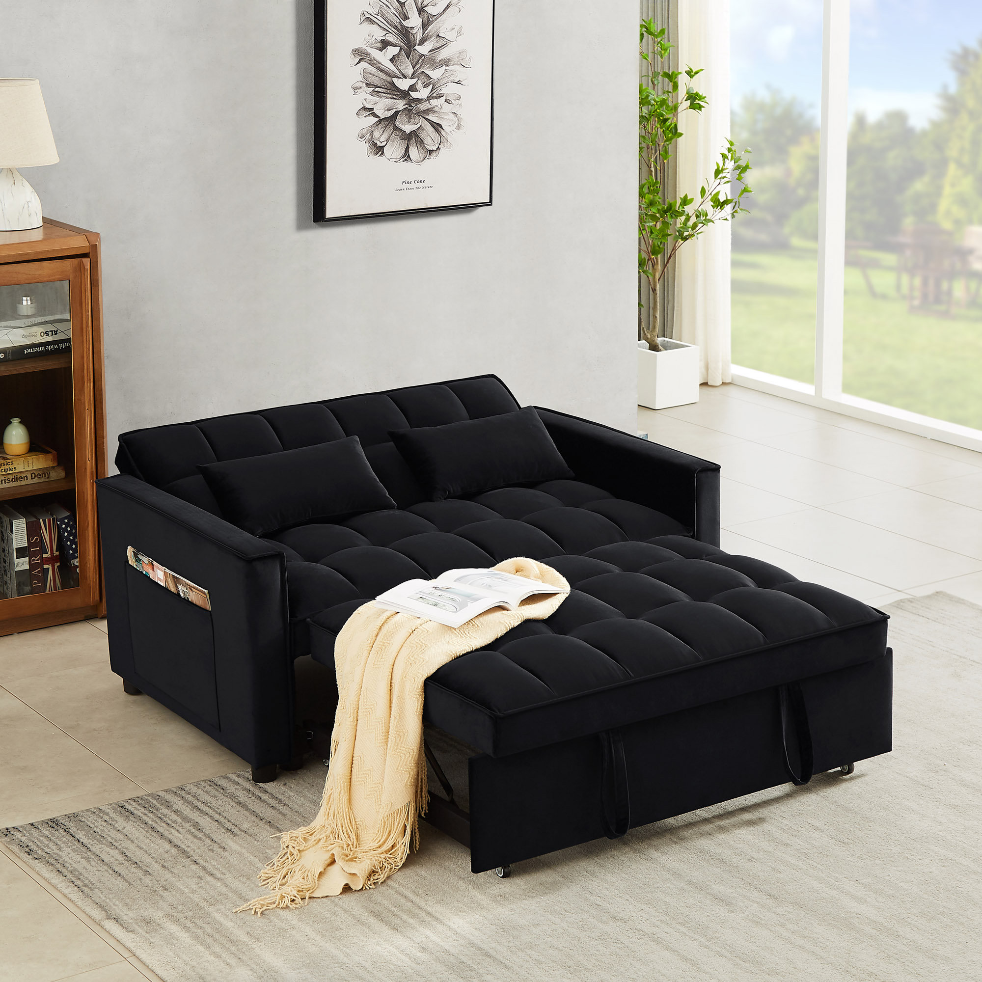 Wrought Studio Modern Velvet Convertible Loveseat Sleeper Sofa Couch