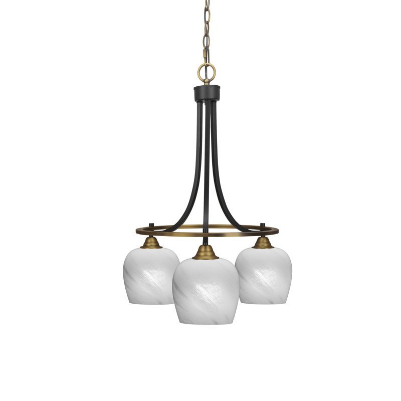 Lustre 3 lumières avec verre 6 "Paramount, Marbre blanc, Noir mat/nickel brossé