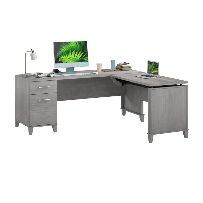 72W 3 Position Sit to Stand L Shaped Desk in Platinum Gray, Platinum Gray