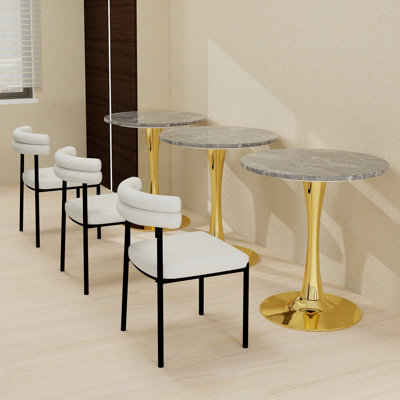 Gold coffee table, mid-century modern style dining table, accommodates 2-4 people, featuring a round dark gray textured marble tabletop, suitable for various settings.