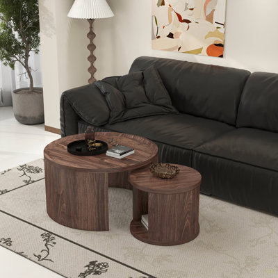Round Nesting Coffee Table Set Of 2 Modern Low Tables, 31.5" Big 18" Small Stacking Side Table With Wood Top, Minimalist Center Table For Living Room