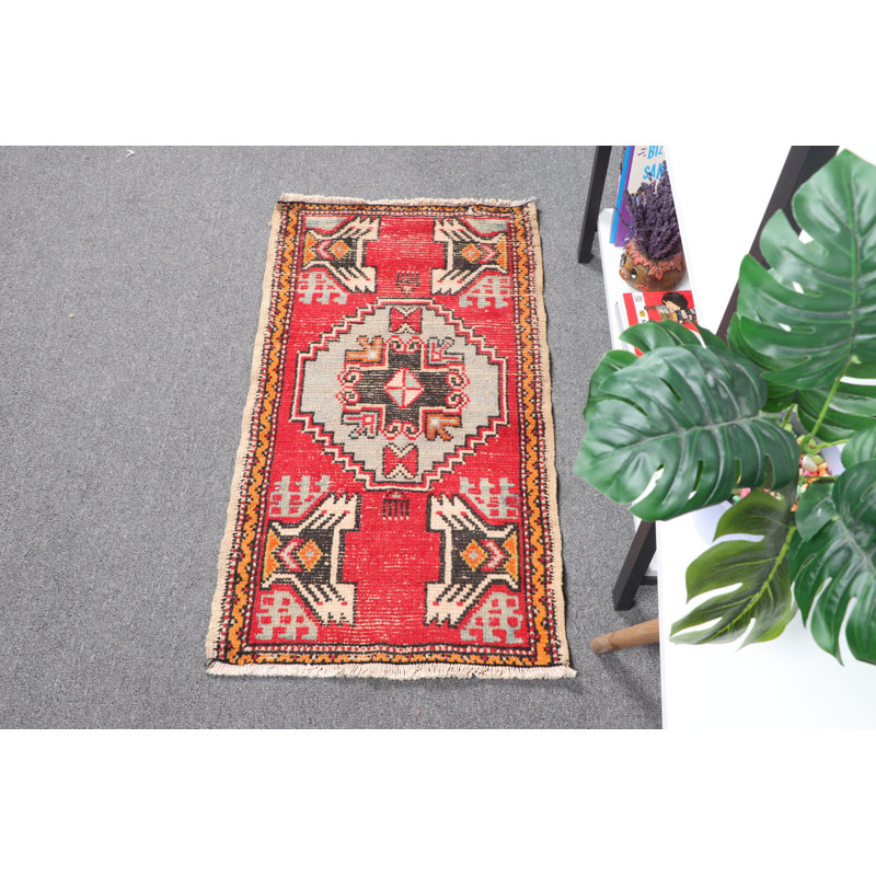 Handwoven Turkish Oushak Small Red Wool Rug Ideal For Entryway and Bathroom Makes a Perfect Home Gift