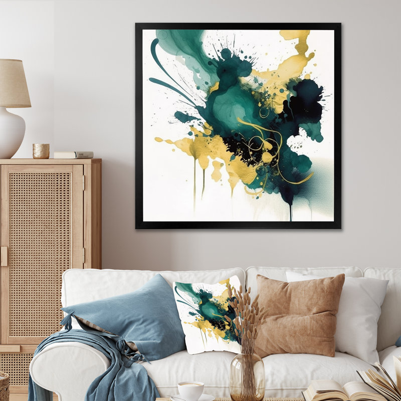 Bleu foncé, turquoise et or II, Cadre simple noir, H 24 po x l 24 po x P 1 po