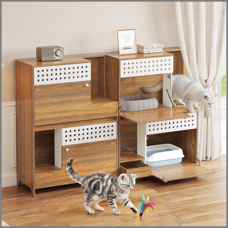 Ensemble de meubles modernes 2 en 1 pour chat 2 en 1, table d'appoint pour litière pour chat, maisonnette avec rangement pour 2 petits chats - Brun