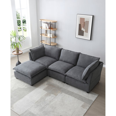 Canapé modulaire 5 pièces en tissu gris avec méridienne convertible et réversible, tissu modulaire pour la vie en appartement, méridienne