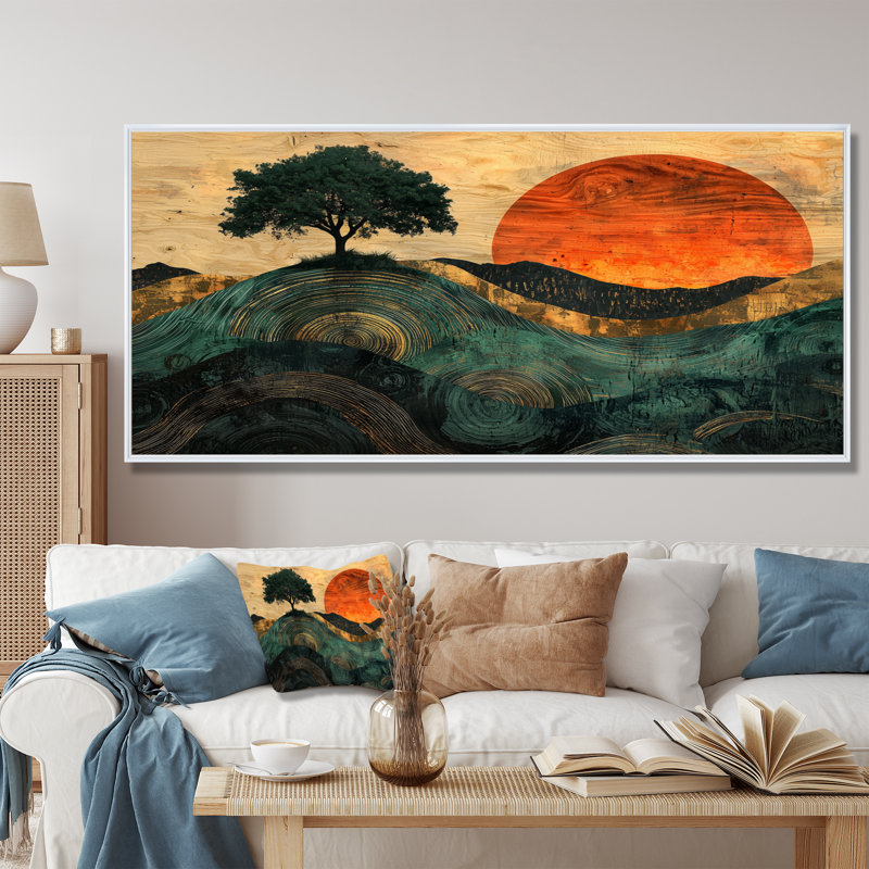 Baobab de Cardiff Sunrise avec racines d'Afrique II - arbre, art mural, H 28 po x l 60 po, Cadre flottant, Blanc