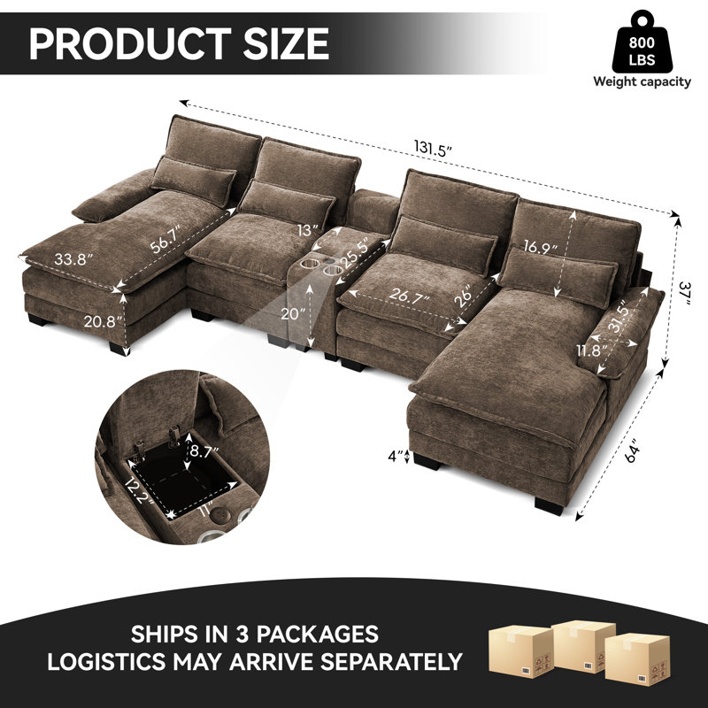 Canapé modulaire en forme de U de 126 po avec console et porte-gobelets et ports USB, Brun, Oversized