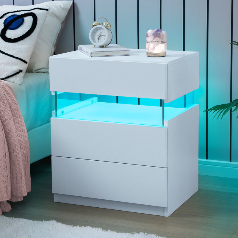 Gold and Gray Acrylic LED Nightstands with 3 Drawers