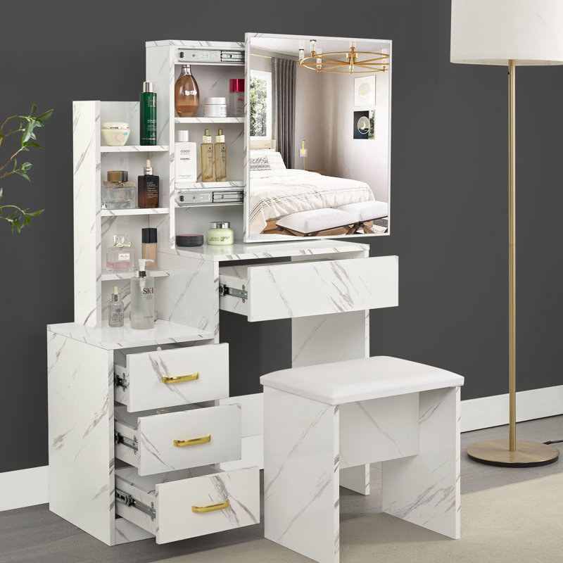 Barranca Dressing Table with Sliding Mirror, White Marble