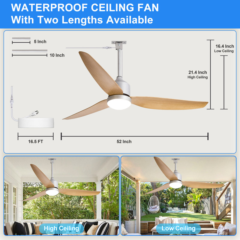 Waterproof Outdoor Ceiling Fan with Light, 52" Nickel Hanging Fan for Patios, Gazebo - Plug-in Fan with Remote and APP, 3 CCT, 6-Speed