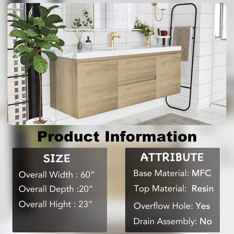 Meuble-lavabo mural simple 60 po avec plateau en résine Leeara, Chêne naturel