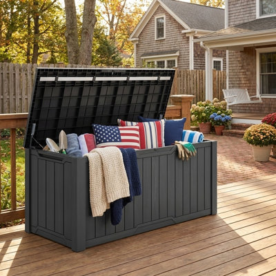 Edrosie Inc230 Gallon Resin Deck Box, Waterproof Lockable Outdoor Storage Box