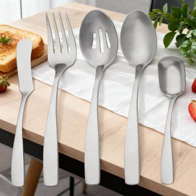 5-Piece Stainless Steel Serving Utensils Set With Ergonomic Handle, Dishwasher Safe Flatware For Everyday And Formal Dining