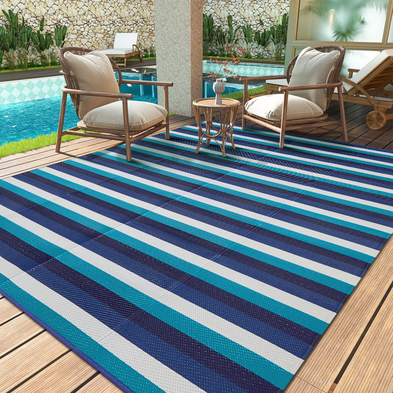 Tapis extérieur rayé bleu / blanc, Rectangle de 5 pi x 8 pi, Bleu/Blanc