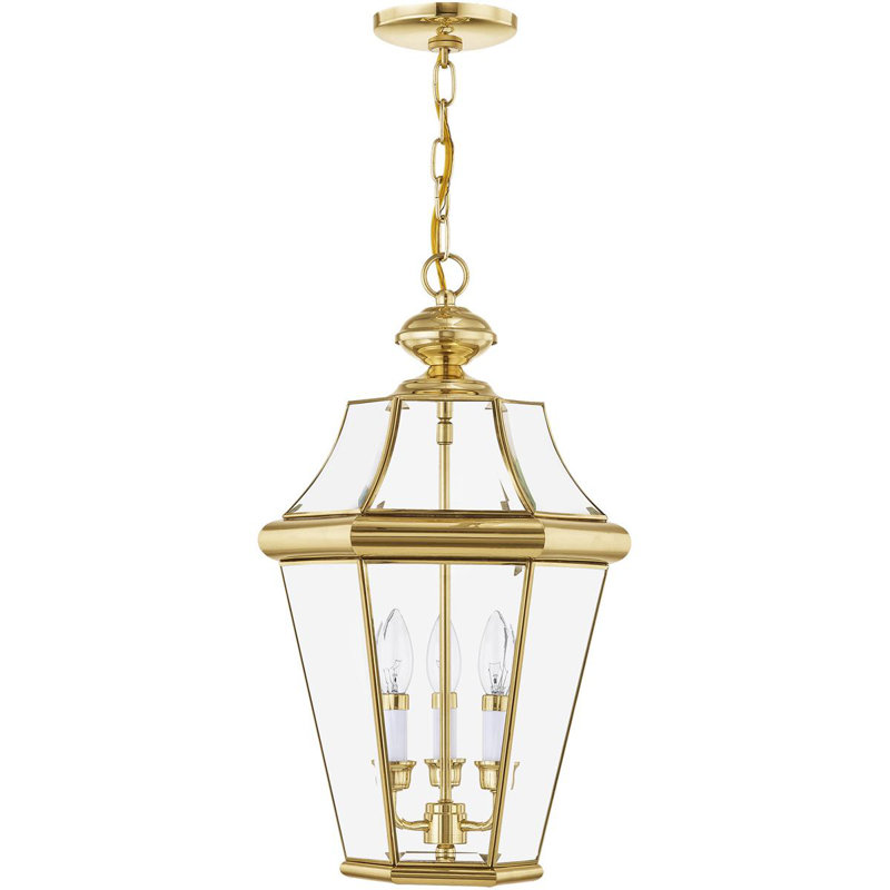 Outdoor Chain Lantern Pendant - Clear Beveled Glass Shade, Polished Brass