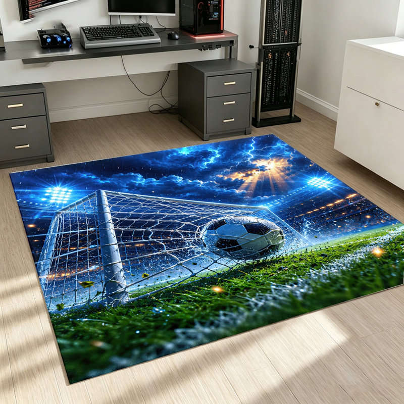 Soccer Goal Print Rug, Dynamic Sports Theme Area Rug, Non-Slip Soft Floor Mat, Indoor Decor for Living Room, Bedroom, Game, Home and Accessories