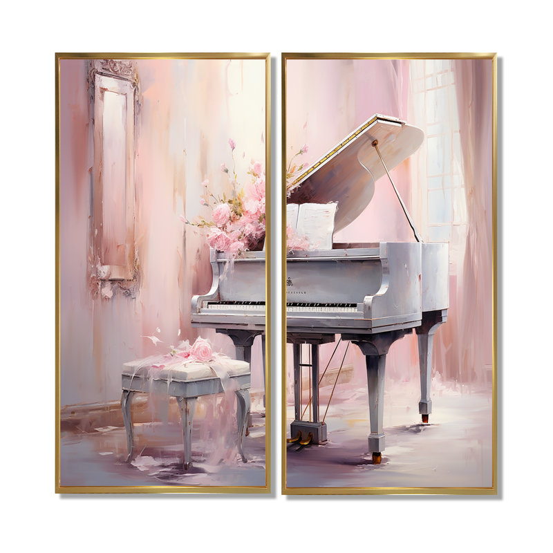 Jeu de piano rose pastel - impressions sur toile traditionnelles, H 20 po x l 24 po, Impression encadrée flottante, Doré