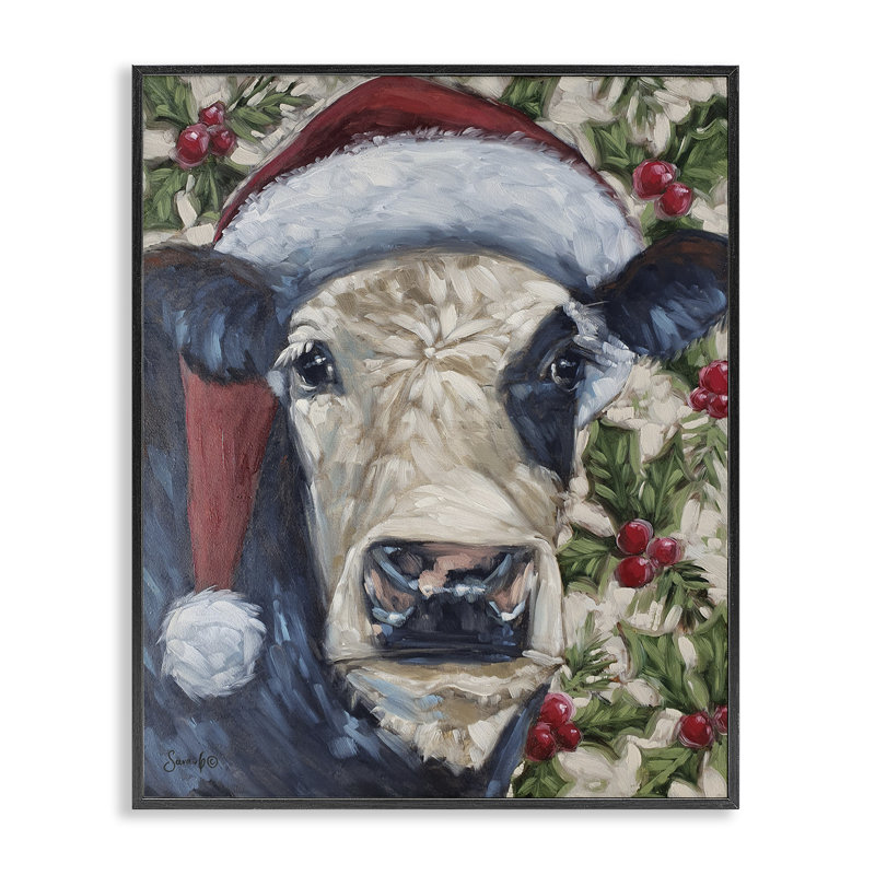 Vache avec houx festif, art de la giclée encadrée par Sara G. Designs, Giclée encadrée noir minuit, H 14 po x l 11 po
