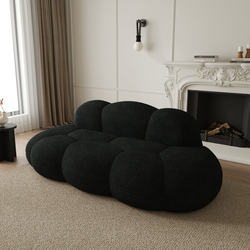 Ivona 90.55" 3-seat Upholstered Berber Fleece Cloud Compression Sofa, No Assembly Required, Black