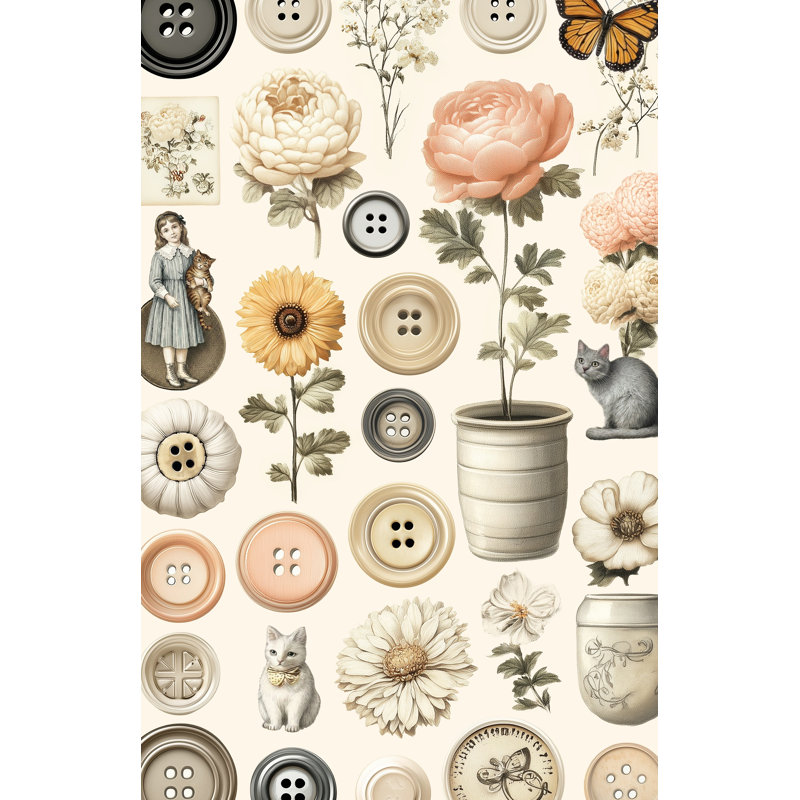 Papier peint floral rétro avec motif de papillons éclectiques, Texturé non collé