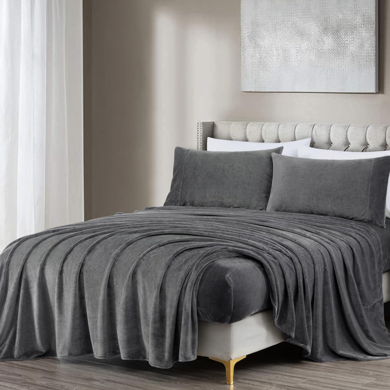Soft Fleece Sheet Set, Gray, California King Sheet Set with 2 Pillowcases