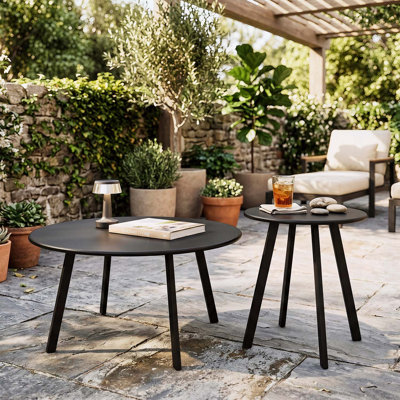 Ensemble de 2 tables basses gigognes rondes, peu encombrantes et polyvalentes pour une utilisation intérieure et extérieure