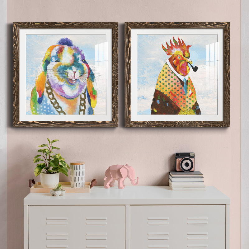 Groovy Bunny And Sky - ensemble de 2 peintures, H 24 po x l 48 po x P 1 po, Papier, cadre noyer