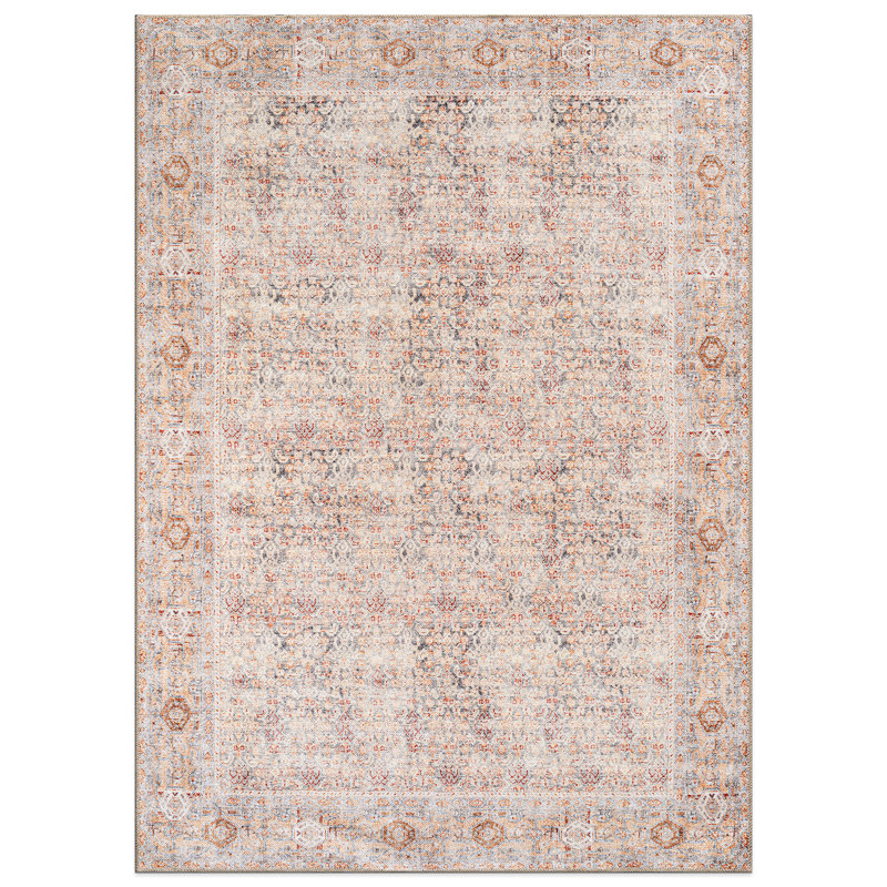 Delano Terracotta Floral Pattern Rug – Washable Low Pile Rug With Non-Slip Backing, Rectangle 10' x 14'