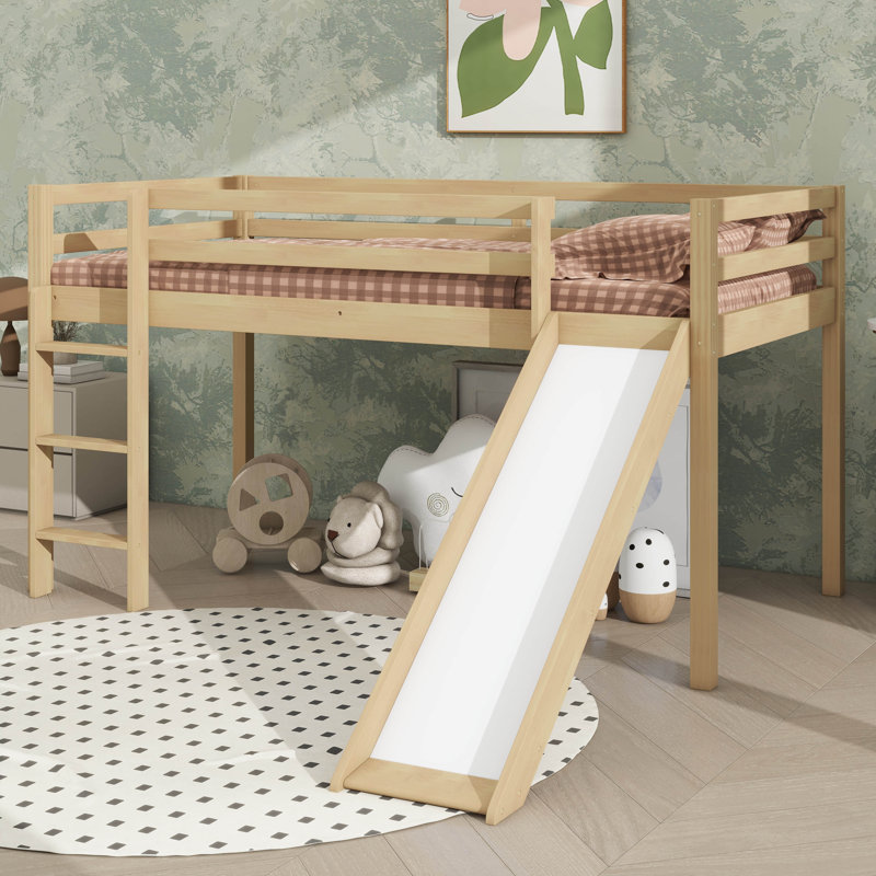Twin Raised Bed With Ladder & Slide, Loft Beds Incorporating Safety Guardrails, Oak