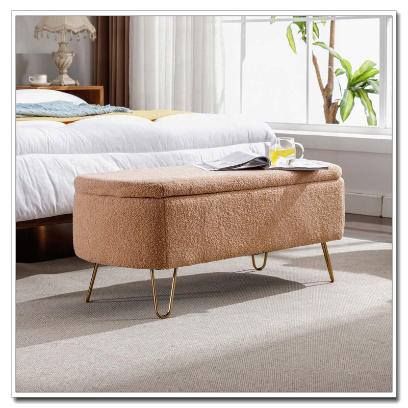 Faux Fur Flip Top Storage Bench with Gold Legs, Camel