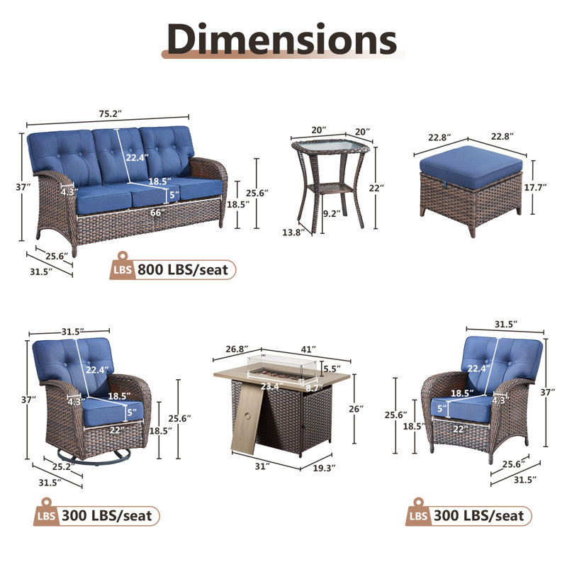 Agnes 7-9 Person Outdoor Wicker T-Back Cushions Conversation Set With Fire Pit Table, Blue