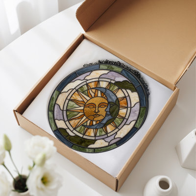 Sun Moon Stained Glass Window Panel，12"H