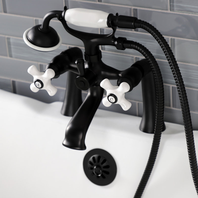 Kingston Brass Kingston Three-Handle 2-Hole Deck Mount Clawfoot Tub Faucet with Hand Shower, Matte Black