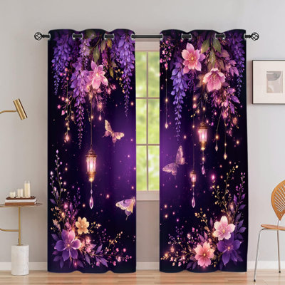 2PCS Grommet Top Blackout Window Curtains, Bohemian Floral Lantern Evening Bloom Butterfly Polyester Drapes, Thermal Insulated, Noise Reducing, Privacy Protection, Room Darkening Window Coverings for Bedroom Living Dorm Home Decor