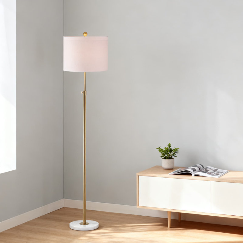 Lampe sur pied à DEL réglable de 65 pouces avec base en marbre et abat-jour tambour, conception moderne en laiton doré et blanc pour le salon, le bureau et la chambre à coucher