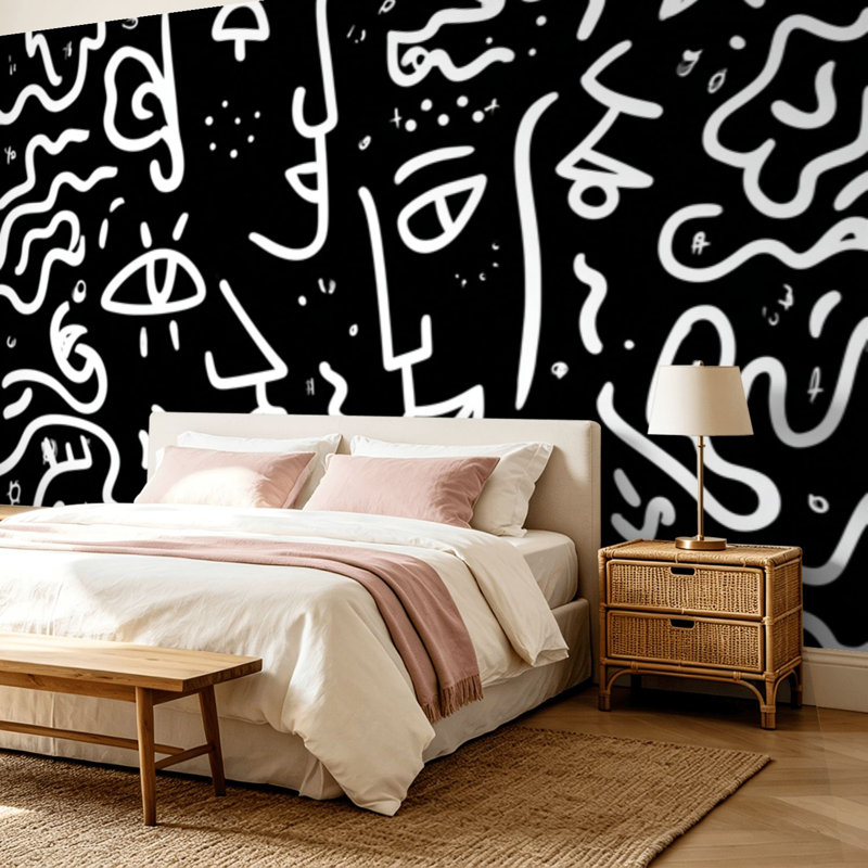 Papier peint adhésif pelez et collez, dessin au trait abstrait, masques, formes géométriques, art mural répétitif, auto-adhésif et amovible
