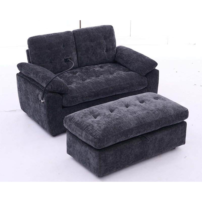 Canapé inclinable double Leisure avec dossier réglable, charge USB, support pour téléphone et repose-pieds de rangement - noir