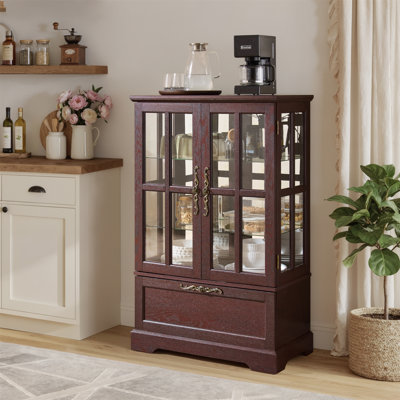 Dark Cherry Display Cabinet with Full-Color RGB Light Strip and Flip-Top Drawer,Freestanding Storage Bookcase for Dining Room,Living Room,Bedroom and Entryway