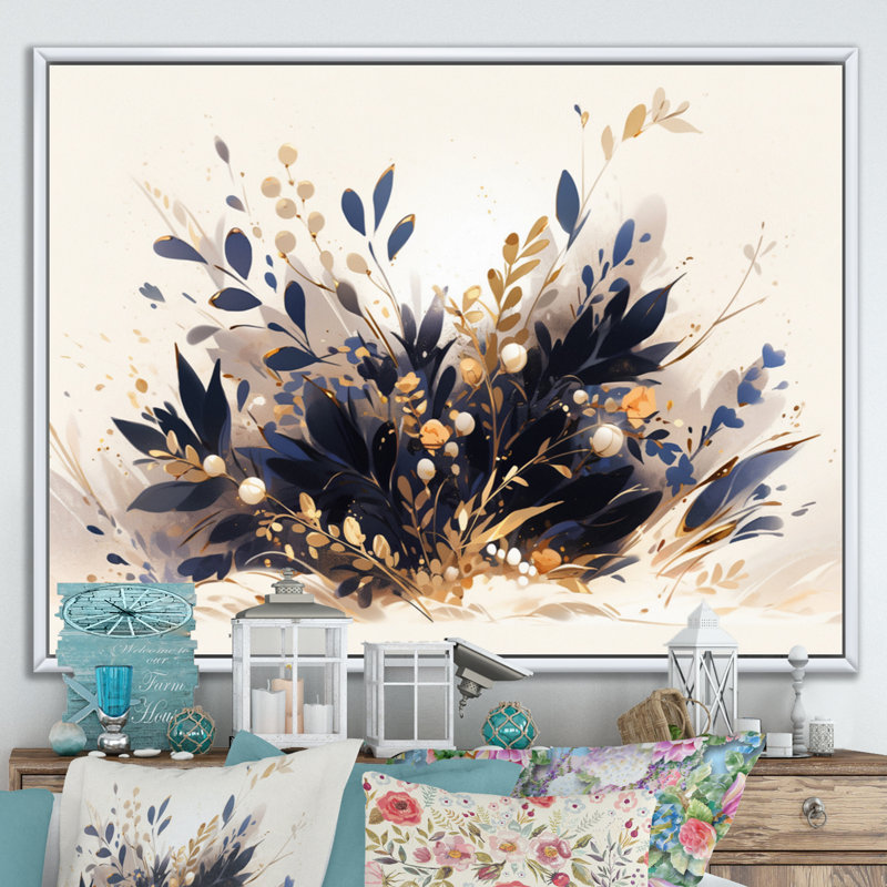 «Blue Gold Herbs Garden I» sur toile, Cadre flottant blanc, H 30 po x l 40 po x P 1,5 po
