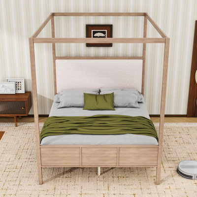 Lit plateforme à baldaquin en bois avec tête de lit tapissier et lattes